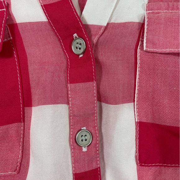 Medium Red & White Plaid V Neck Soft Button-Up Blouse Adjustable Sleeves - Picture 8 of 13